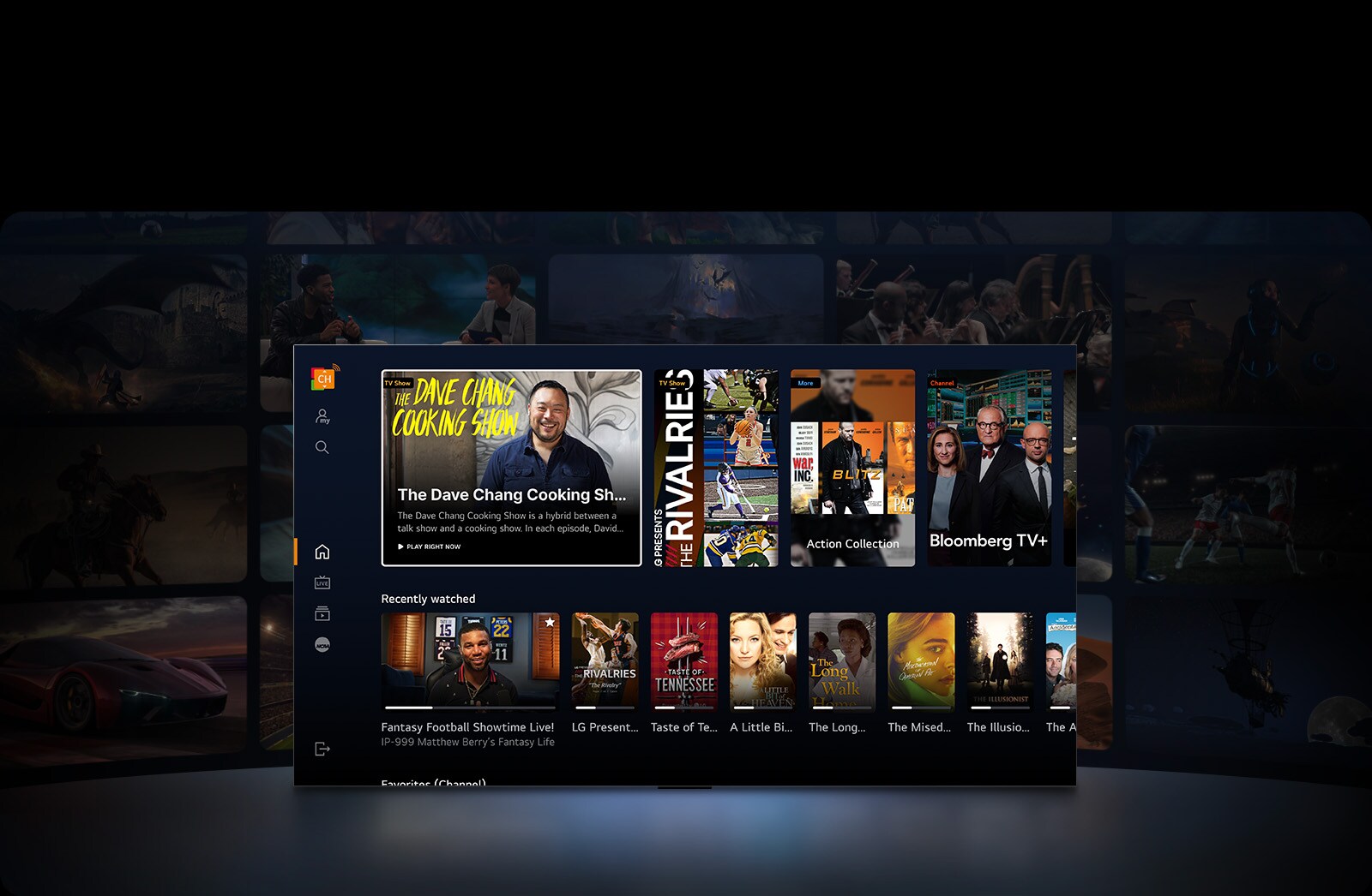 An LG TV in the foreground showing a selection of thumbnails of movies and TV shows. The text "Action Collection," "Bloomberg TV " and "Recently watched" is in the image. The space in front of the TV is lightly illuminated as if from the TV light. Behind the TV in the dark are more thumbnails of movies and TV shows.